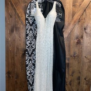 Max Duggal white sequin gown